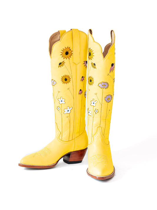 Yellow Almond-Toe Colorful Flowers Inlay Wide Calf Knee High Cowgirl Boots