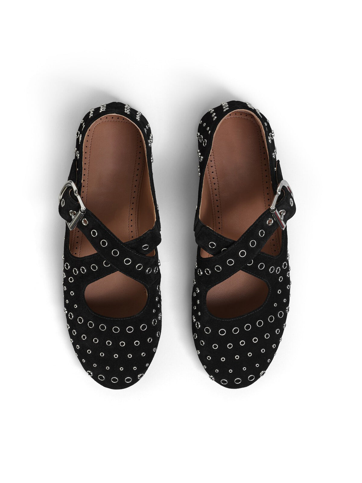 Black Faux Suede Round-Toe Criss Cross Strap Ballet Flats With Eyelets