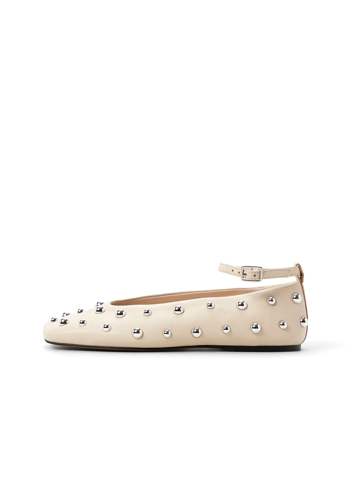Ivory Square-Toe Full Studs Ankle Strap Ballet Flats