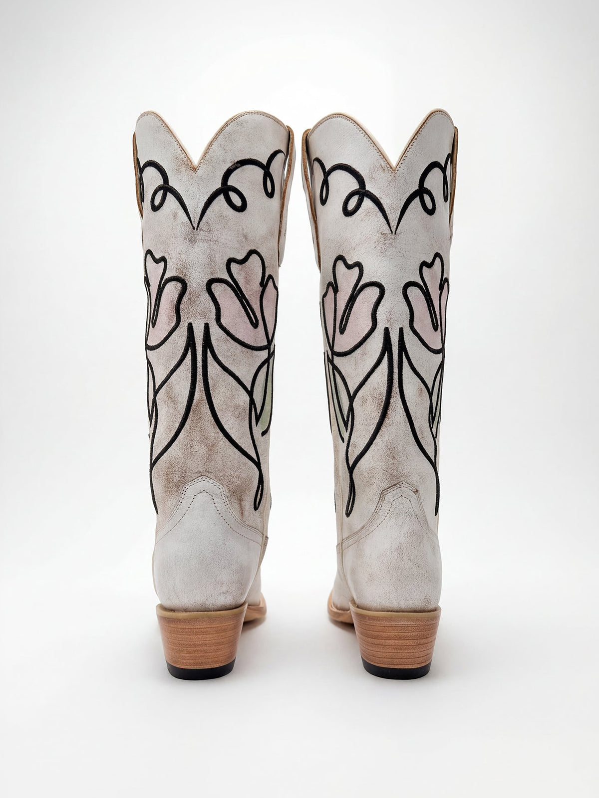 Distressed White Snip-Toe Stylish Embroidery Wide Calf Knee High Cowgirl Boots