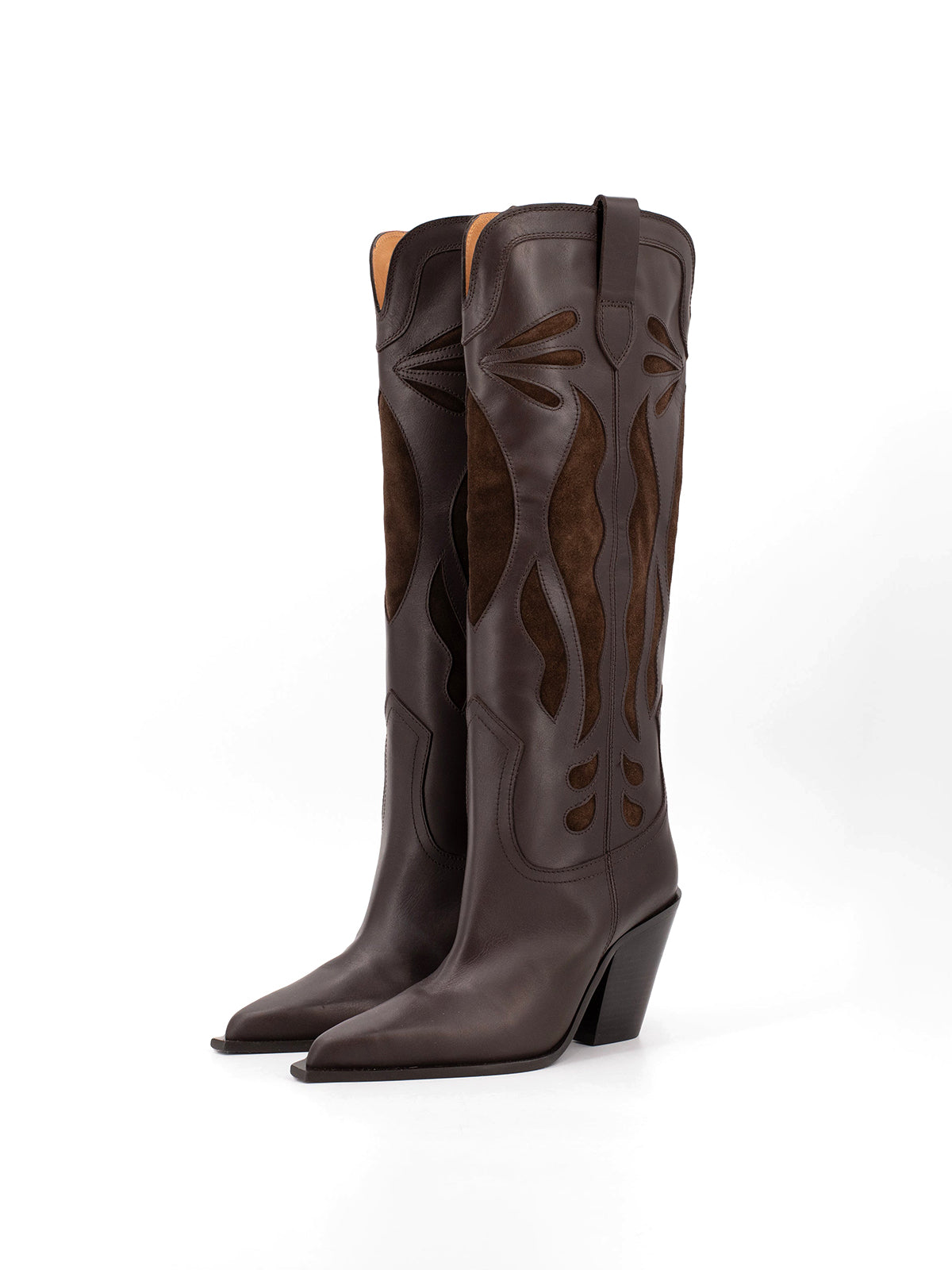 Dark Brown Pointed-Toe Inlays Knee High Tall Wide Calf Cowgirl Boots