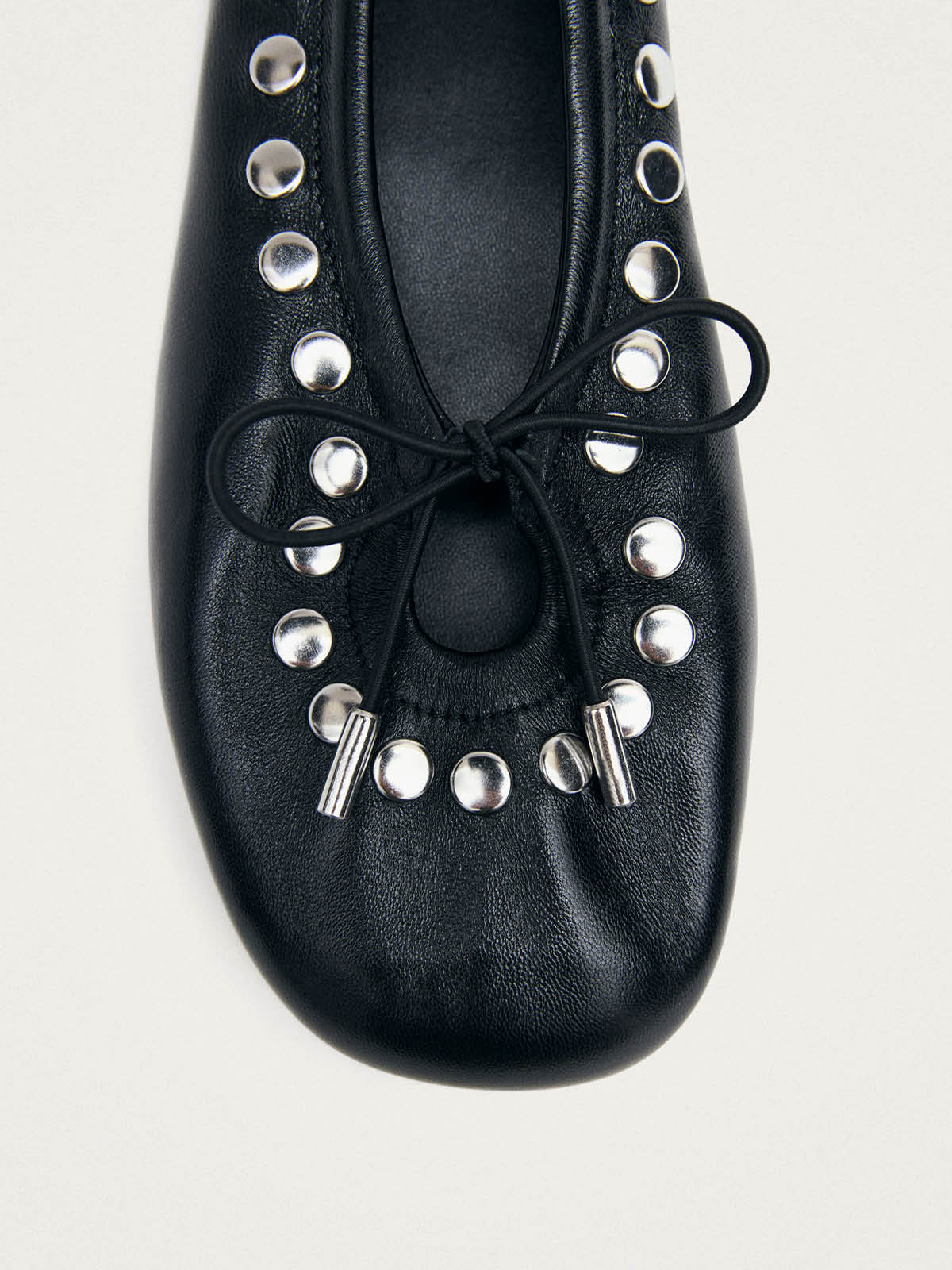 Black Square-Toe Side Studs And Front Bow Chic Ballet Flats