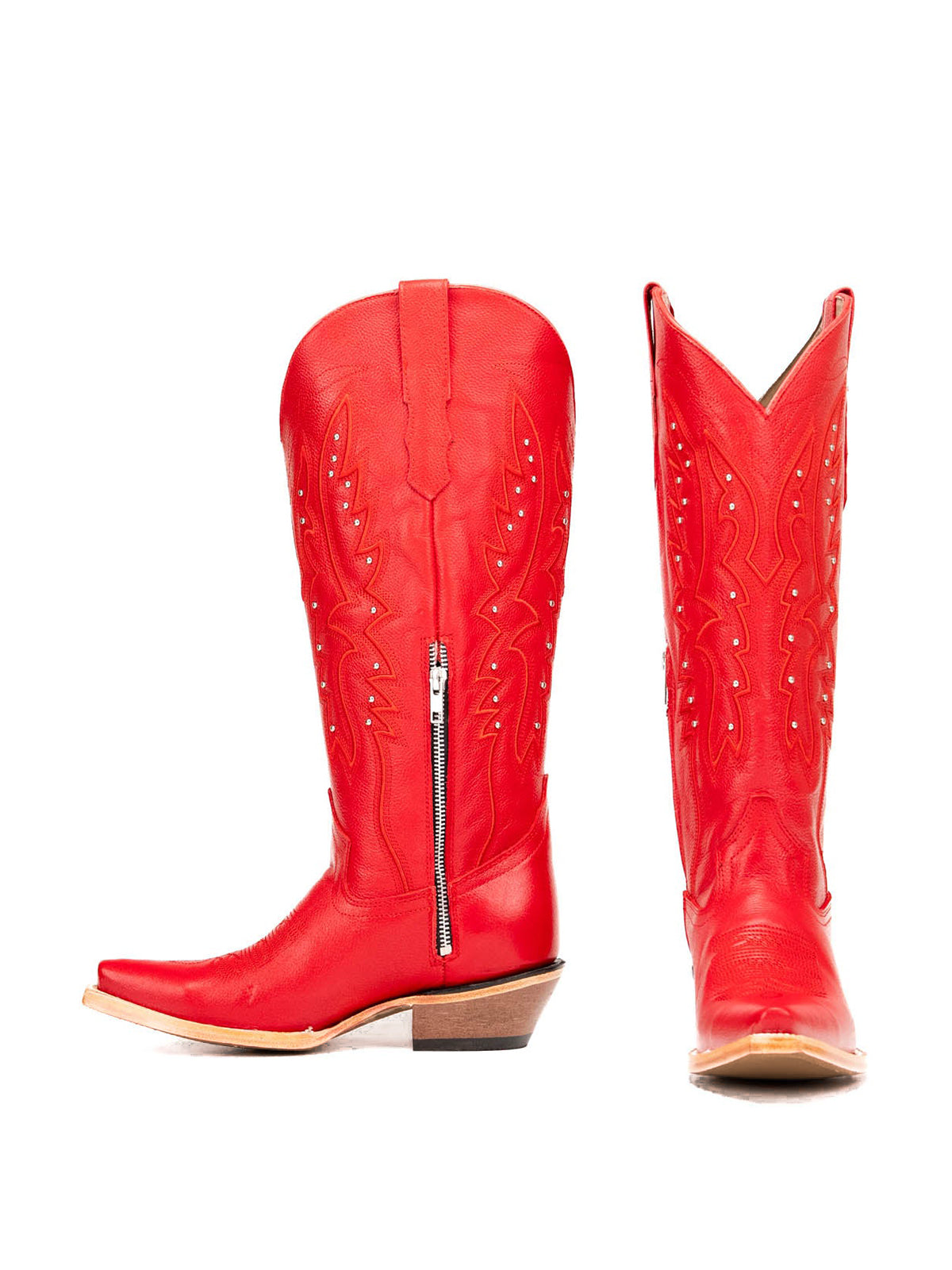 Western Snip-Toe Embroidery Half-Zip Knee High Cowgirl Boots - Bright Red