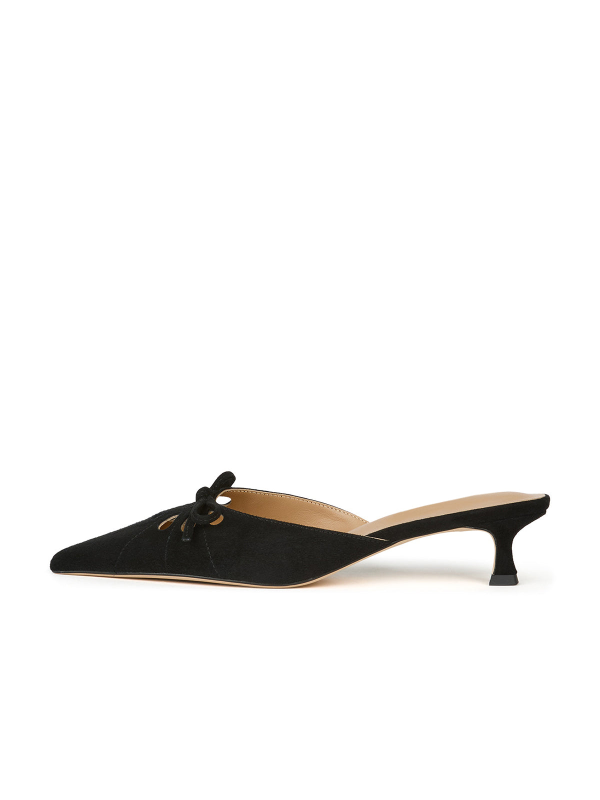 Black Faux Suede Pointed-Toe Front Cut-Out And Bow Backless Kitten Heels