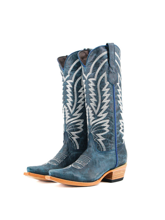 Navy Snip-Toe Western Classic Embroidery Mid Calf Cowgirl Boots