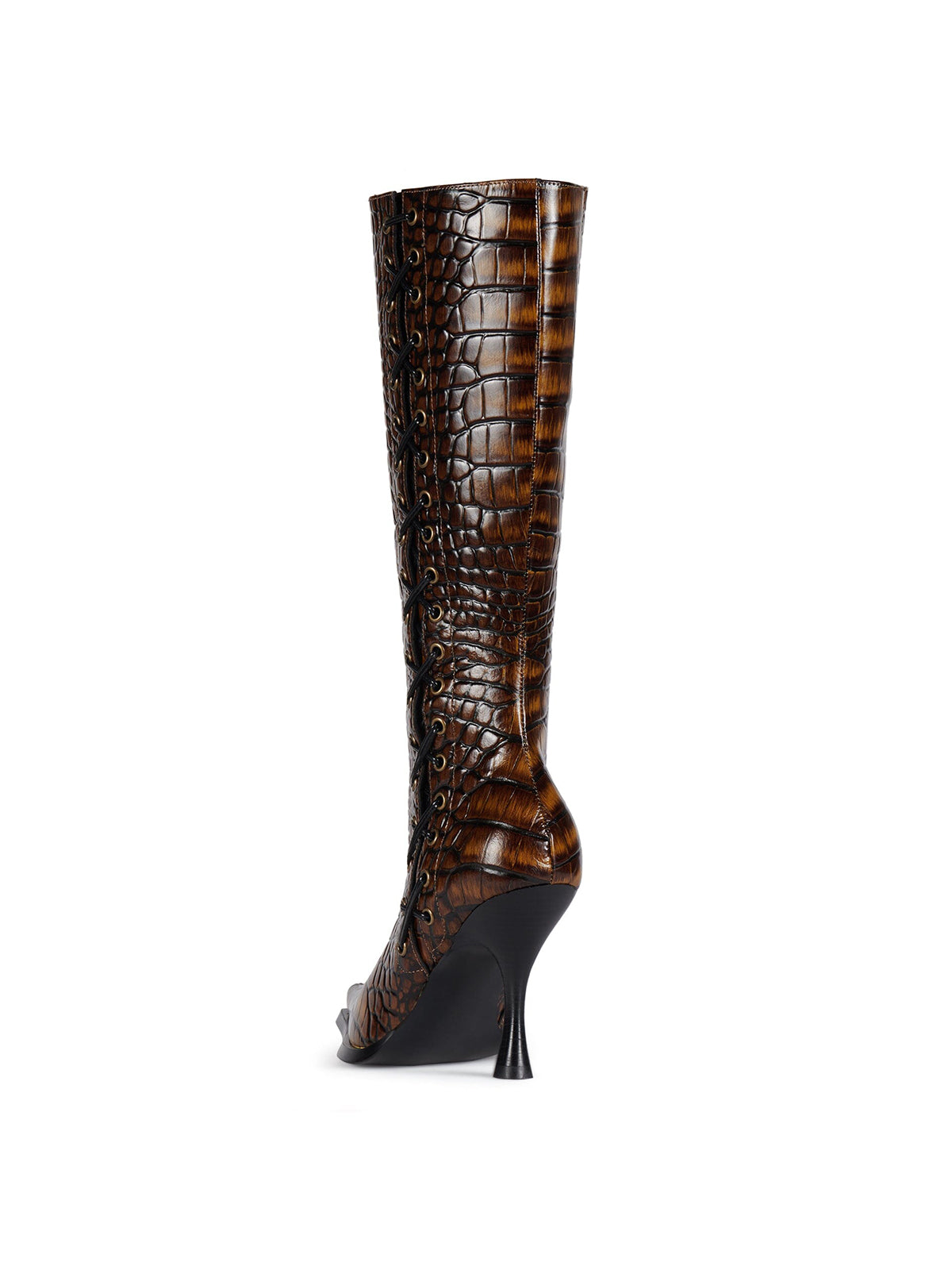 Brown Pointed-Toe Lace-Up And Full-Zip Wide Calf Knee High Stiletto Boots