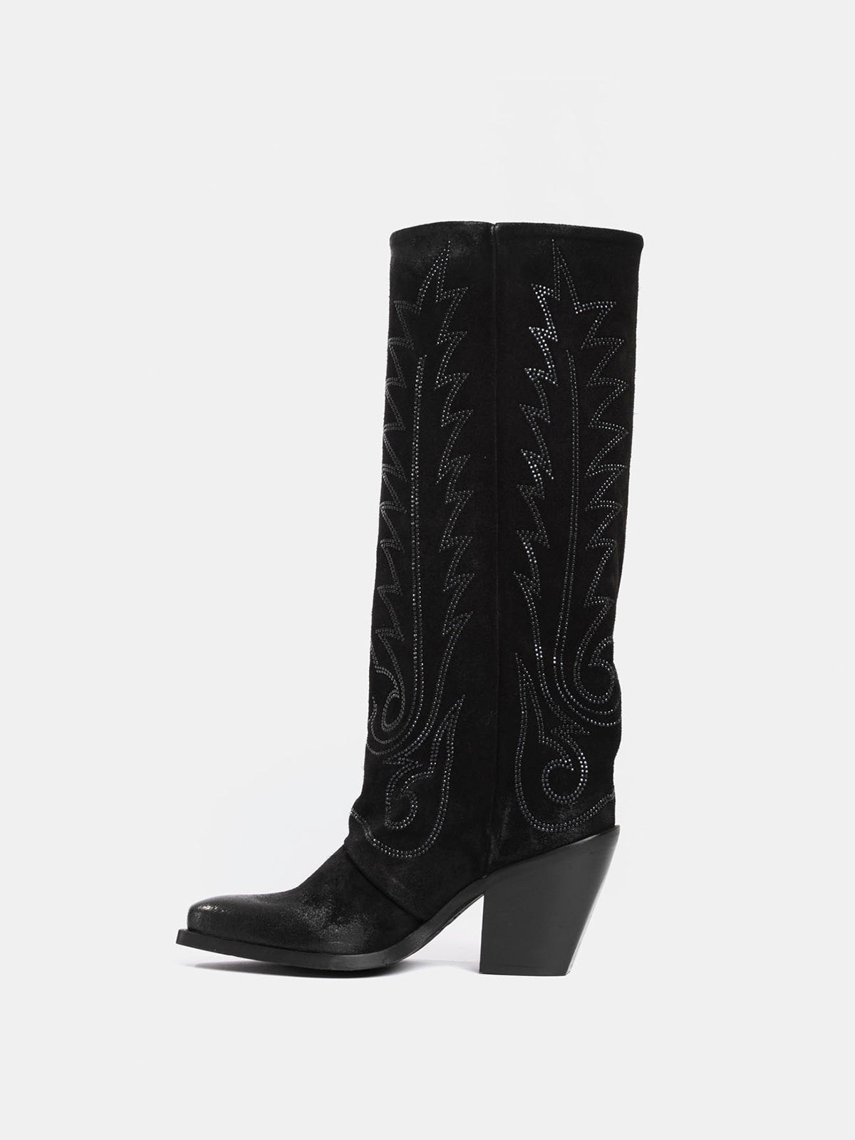 Black Snip-Toe Faux Suede Classic Embroidery Mid Calf Cowgirl Boots
