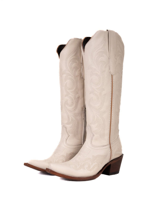 Snip-Toe Chic Embroidery Half-Zip Knee High Cowgirl Boots For Woman - Bone