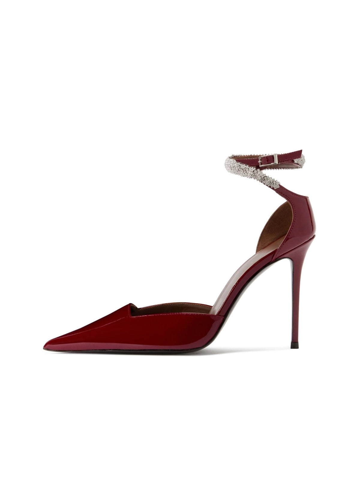 Patent Burgundy Pointed-Toe Ankle Strap With Rhinestones High Heels Pumps