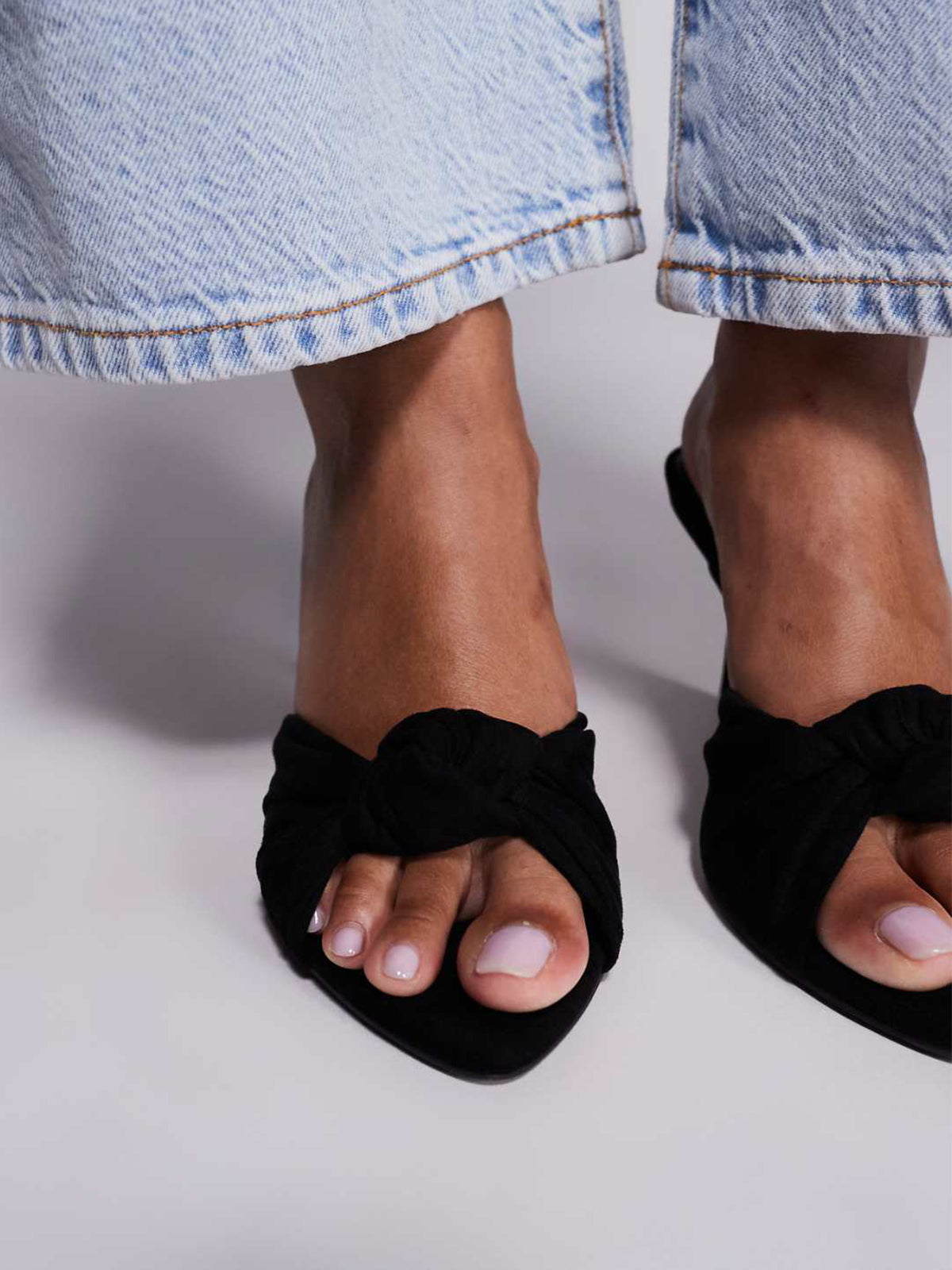 Black Faux Suede Pointed-Toe Knot Slip-On Backless High Heels