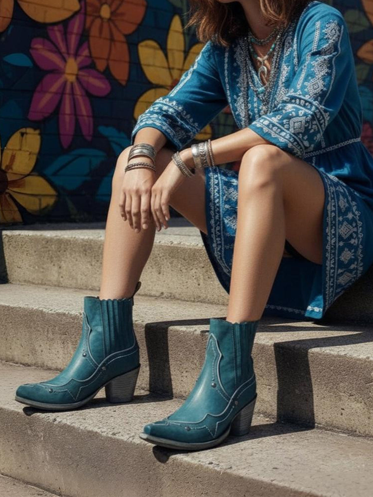 Blue Snip-Toe Metal Inlay Detail Ankle Cowgirl Boots