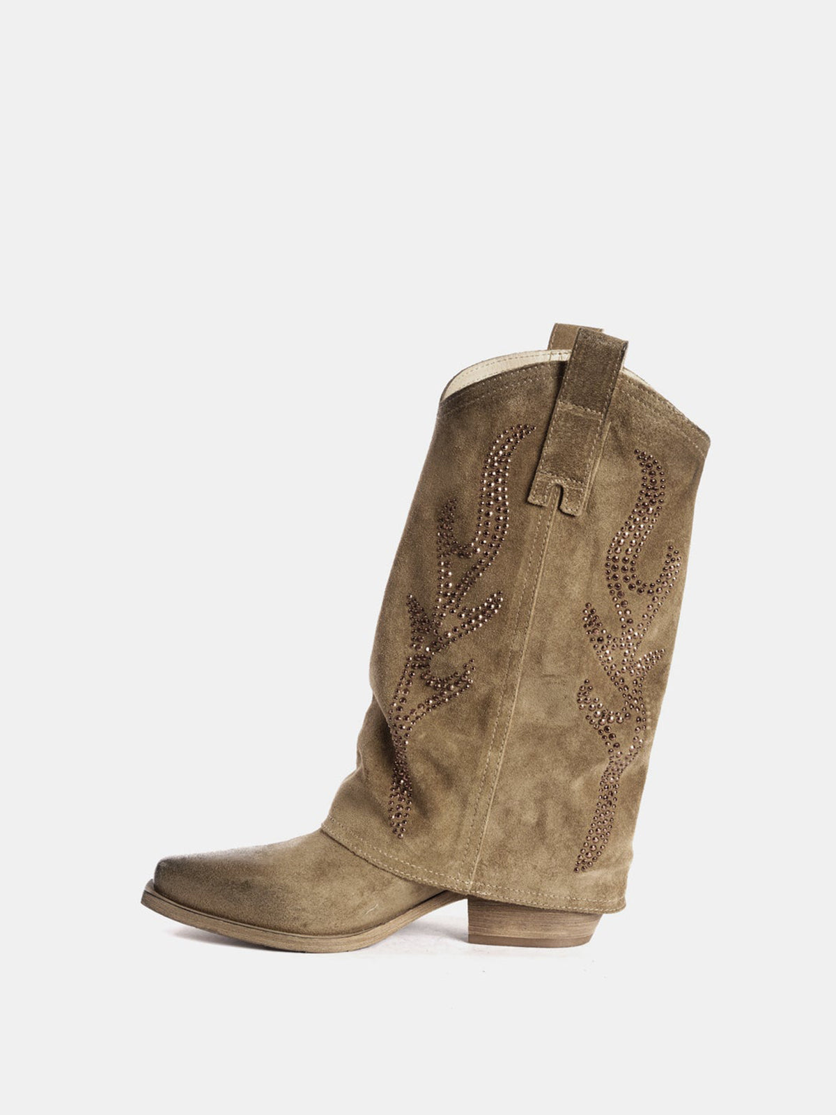 Dark Gray Faux Suede Snip-Toe Studded Fold-Over Mid Calf Cowgirl Boots