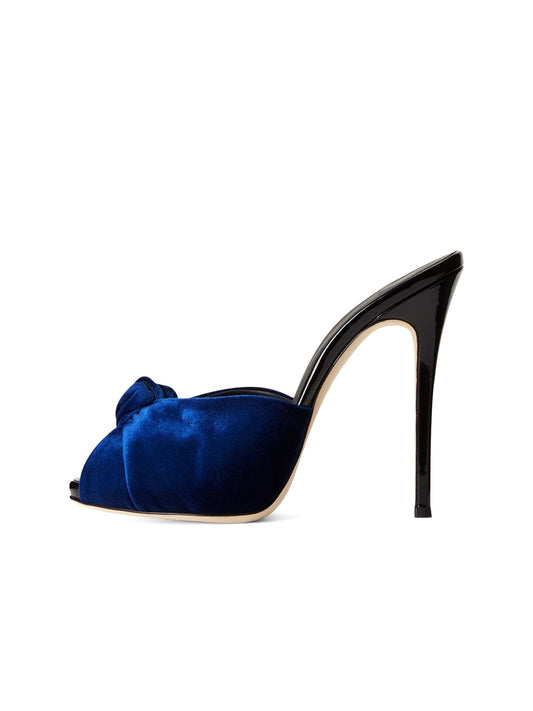 Blue Velvet Peep Round-Toe Backless Slip-On High Heels