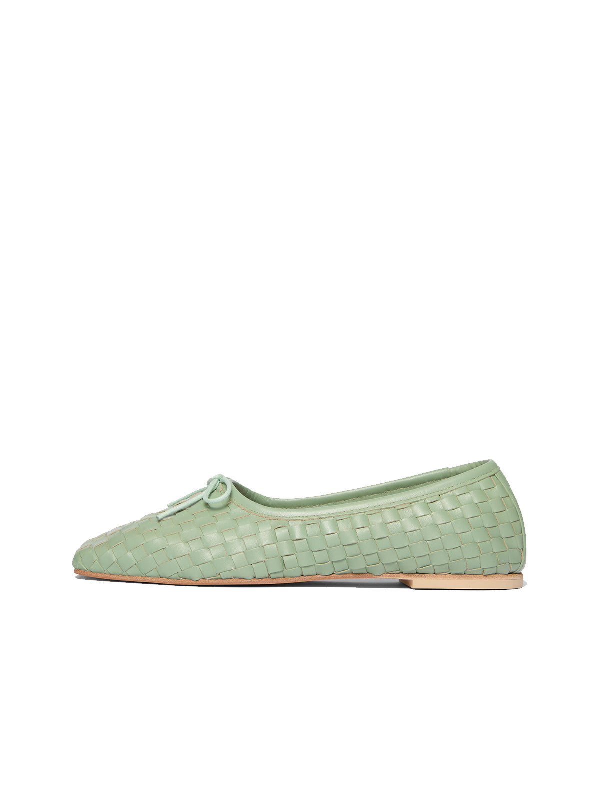 Vegan Leather Woven Square-Toe Bow Ballet Flats - Seafoam Green