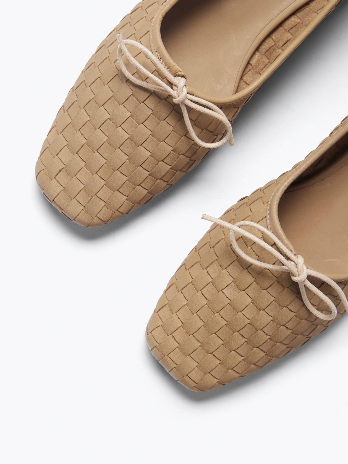 Vegan Leather Woven Square-Toe Bow Ballet Flats - Brown