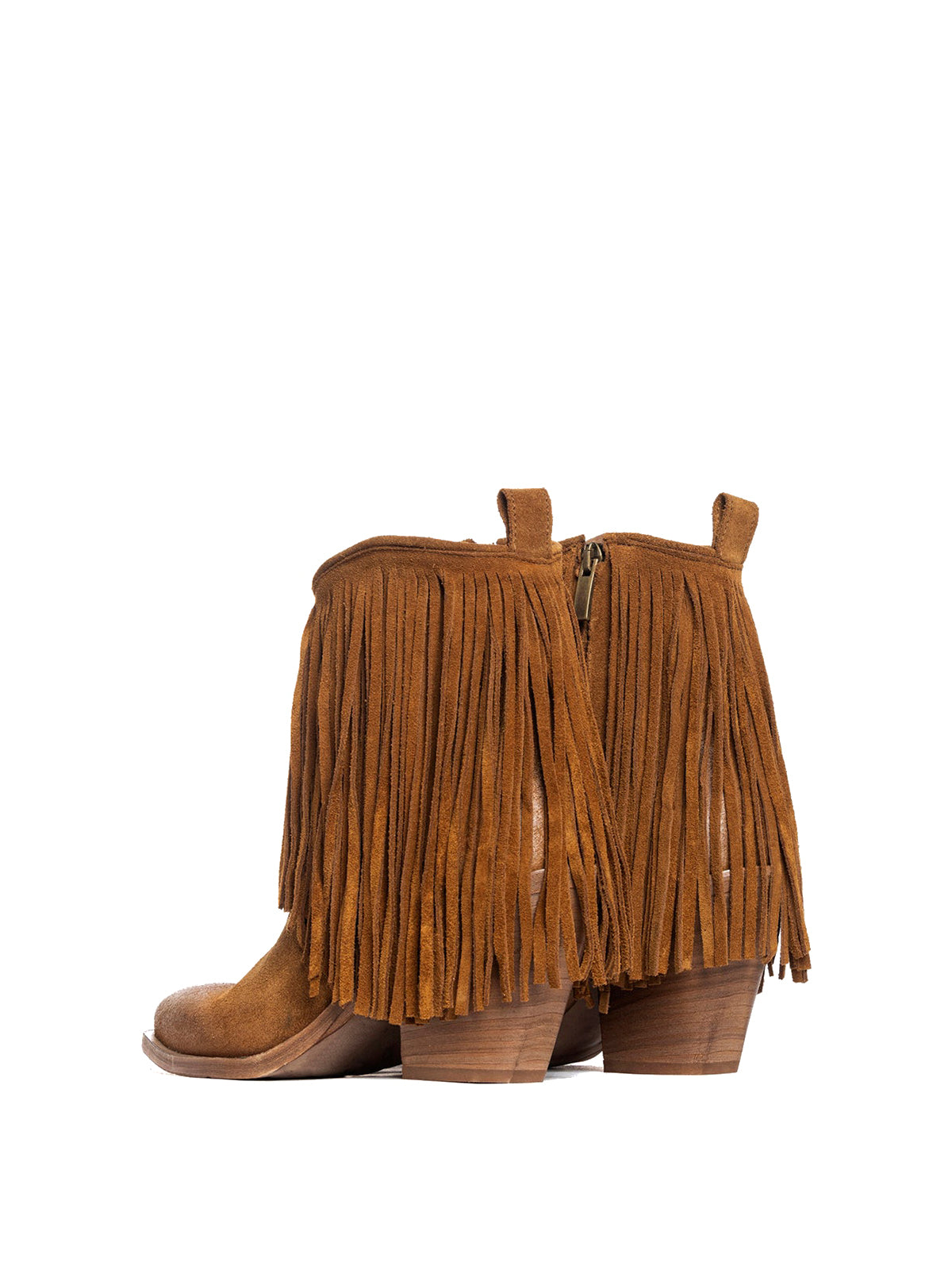 Brown Faux Suede Snip-Toe Fringe Full-Zip Ankle Cowgirl Boots