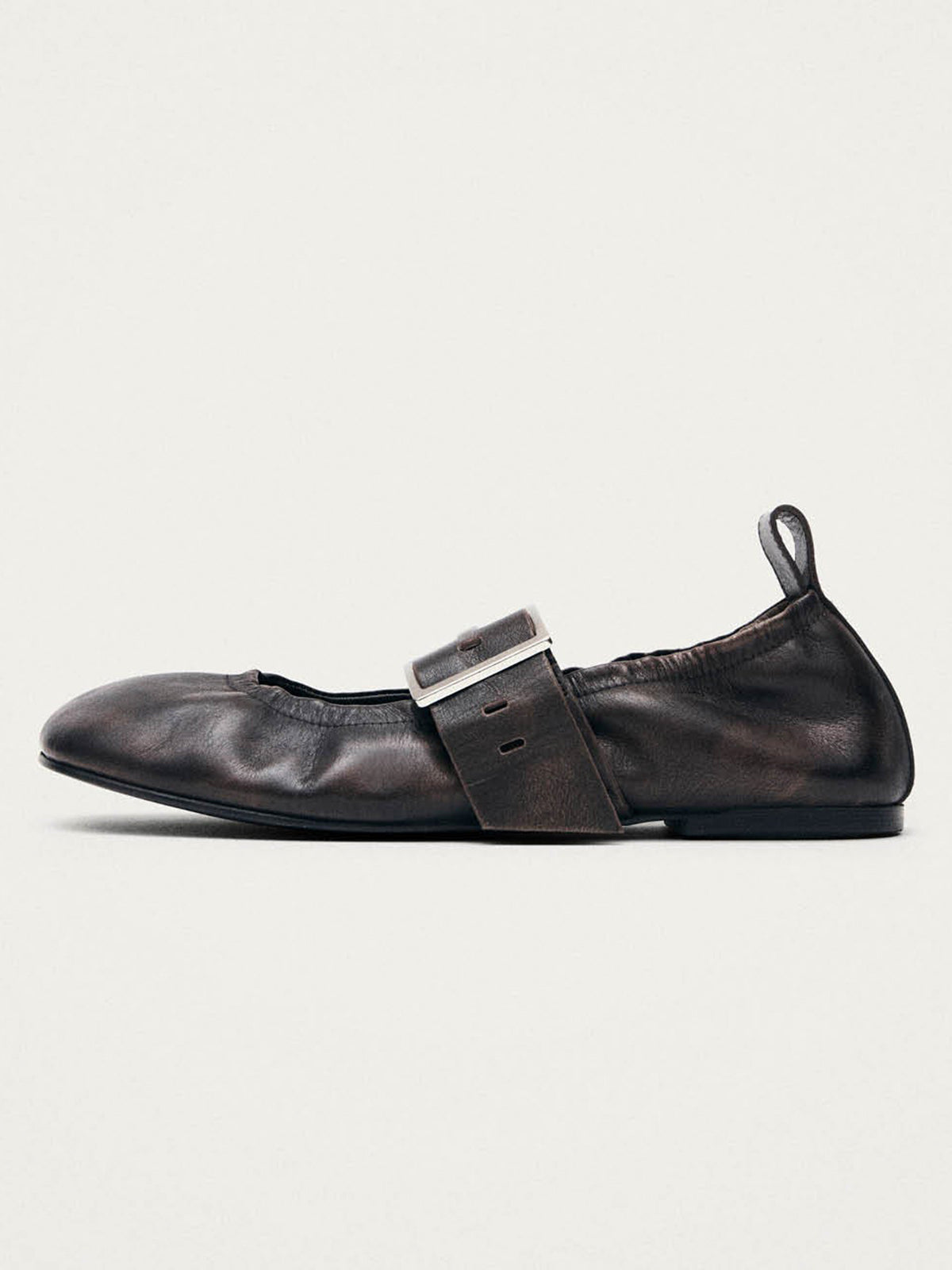 Brown Square-Toe Big Buckle Middle Strap Chic Ballet Flats