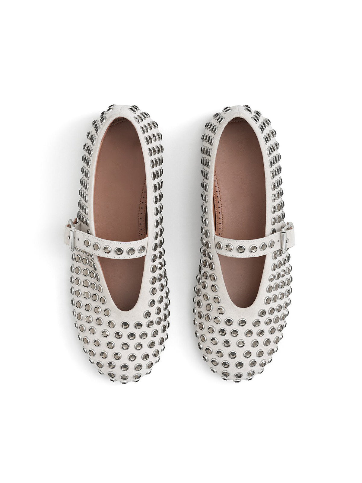 White Round-Toe Mary Jane Ballet Flats With Rhinestone