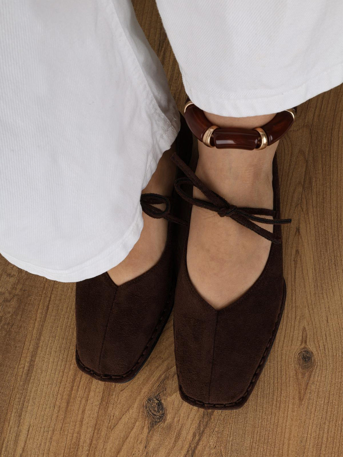 Chocolate Faux Suede Square-Toe Classic Bridge Strap Slip-On Stylish Flats