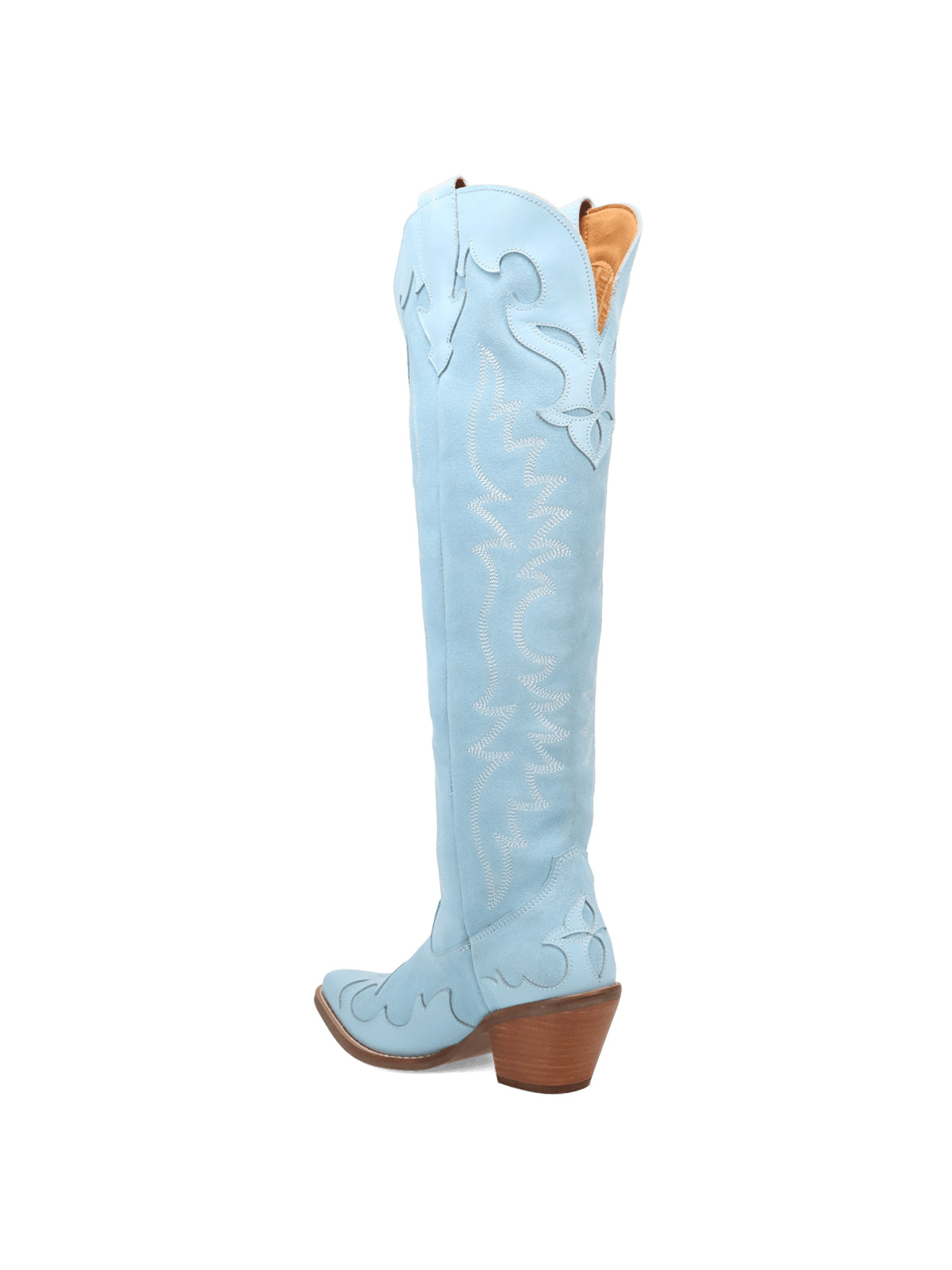 Blue Faux Suede Snip-Toe Embroidery Vegan Leather Applique Wide Calf Knee High Cowgirl Boots