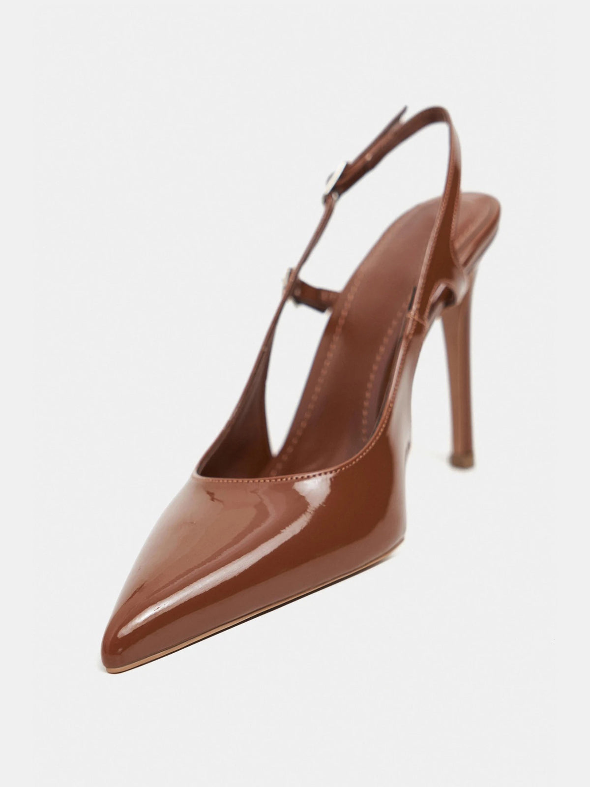 Patent Leather Pointed-Toe Buckle Back Strap Chic High Heels - Brown