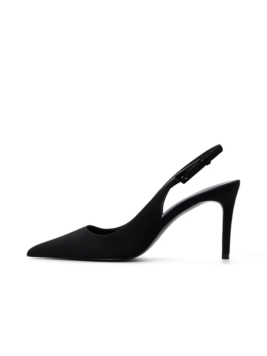 Black Faux Suede Pointed-Toe Classic Kitten Heels With Slingback
