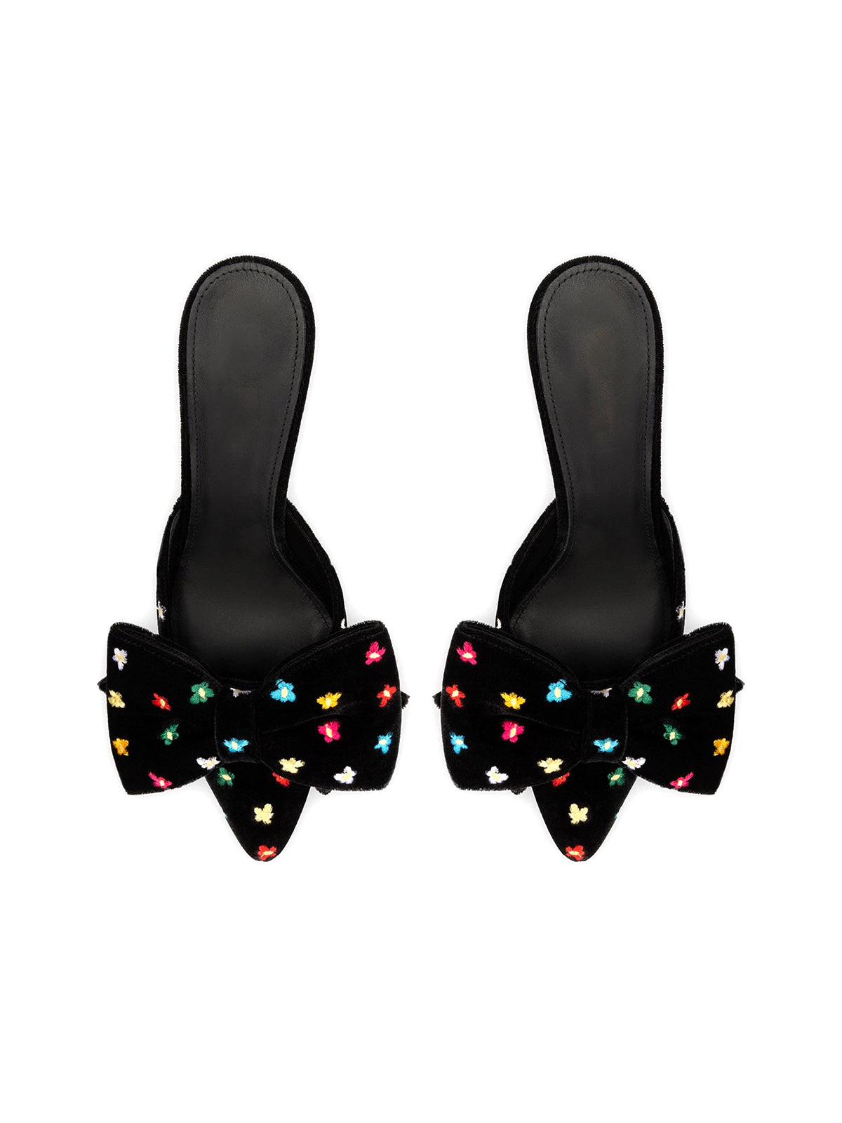 Black Velvet Pointed-Toe Flowers Embroidery Big Front Bow High Heels