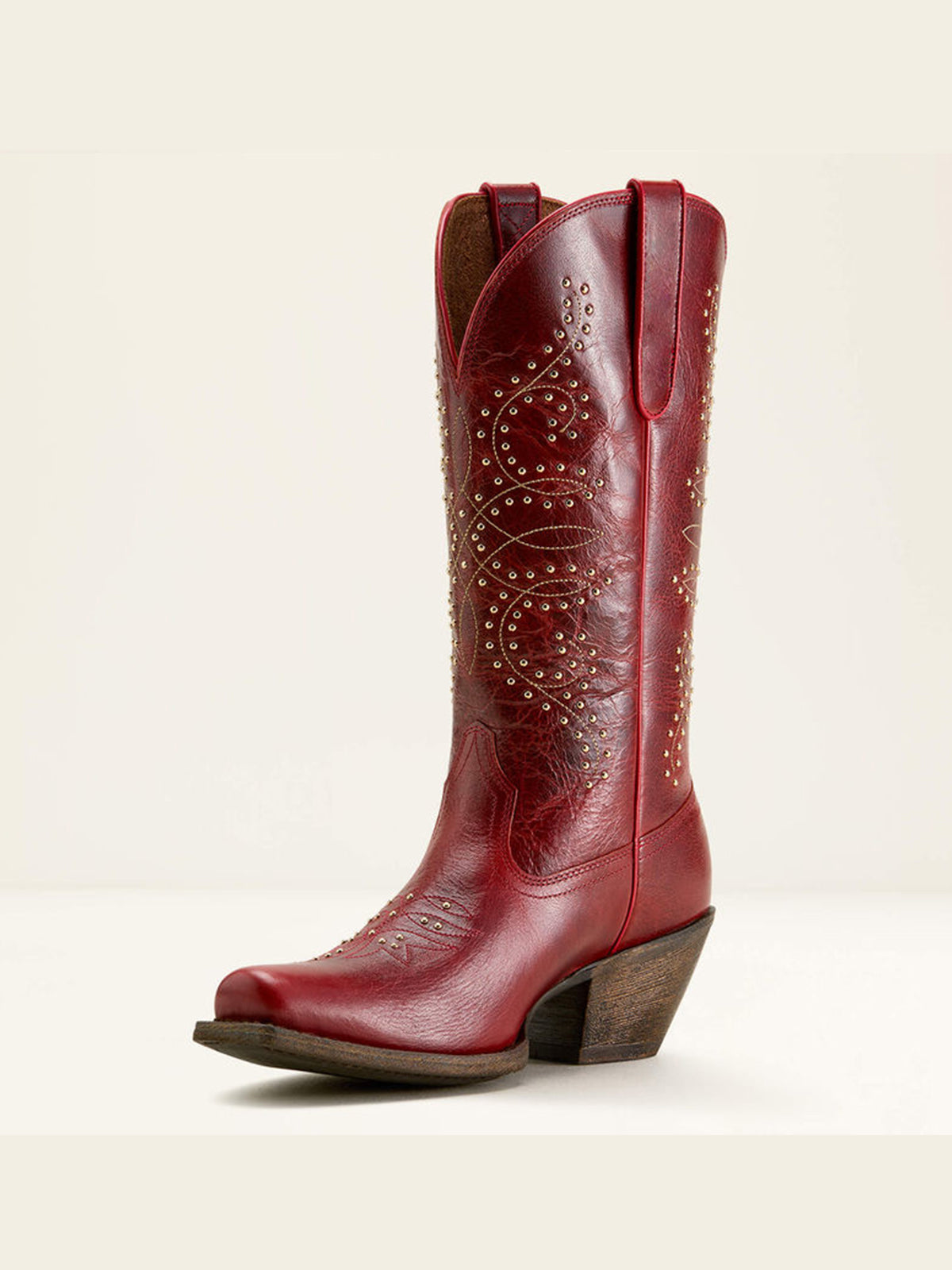 Dark Red Square-Toe Stitch And Studs Chic Mid Calf Cowgirl Boots