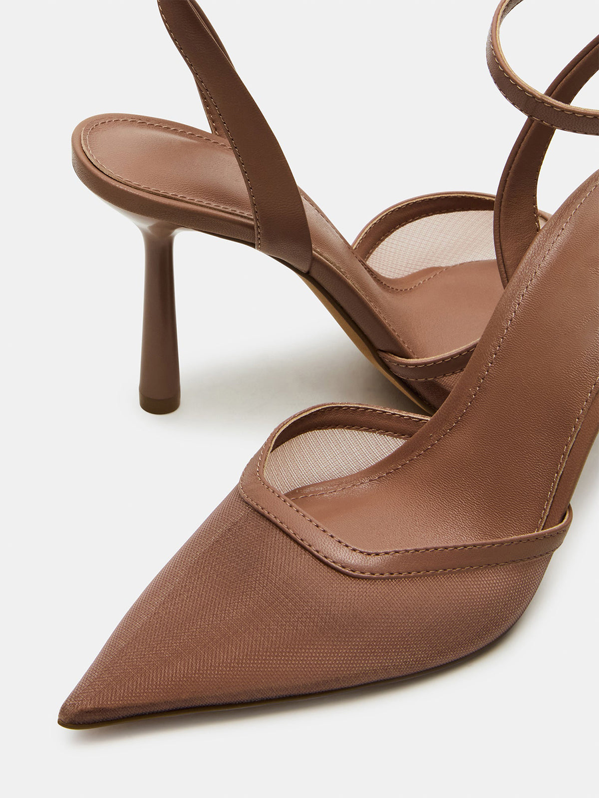 Mesh Pointed-Toe Ankle Strap Pumps High Heels - Mocha