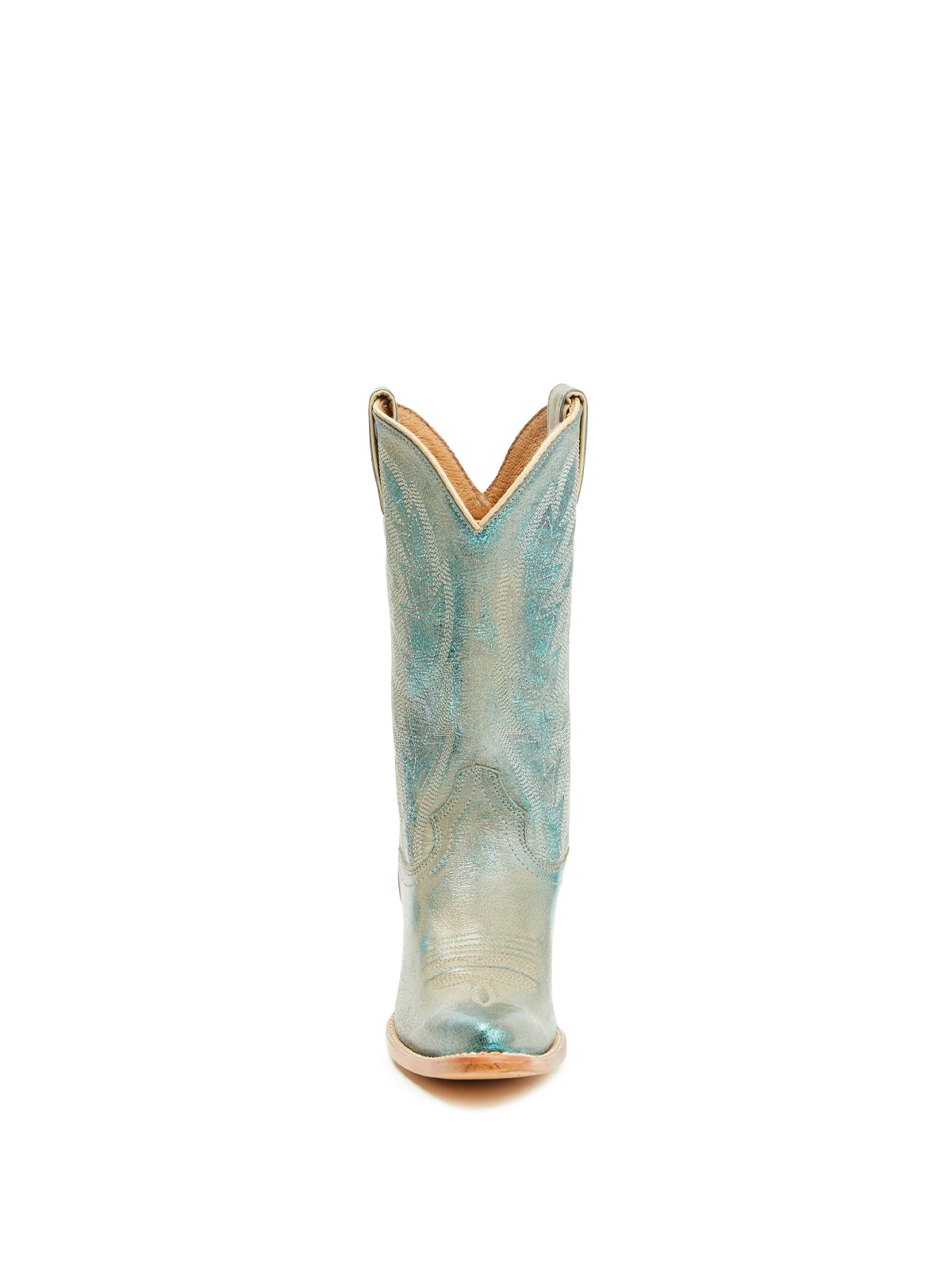 Metallic Turquoise Almond-Toe Classic Embroidery Mid Calf Cowgirl Boots
