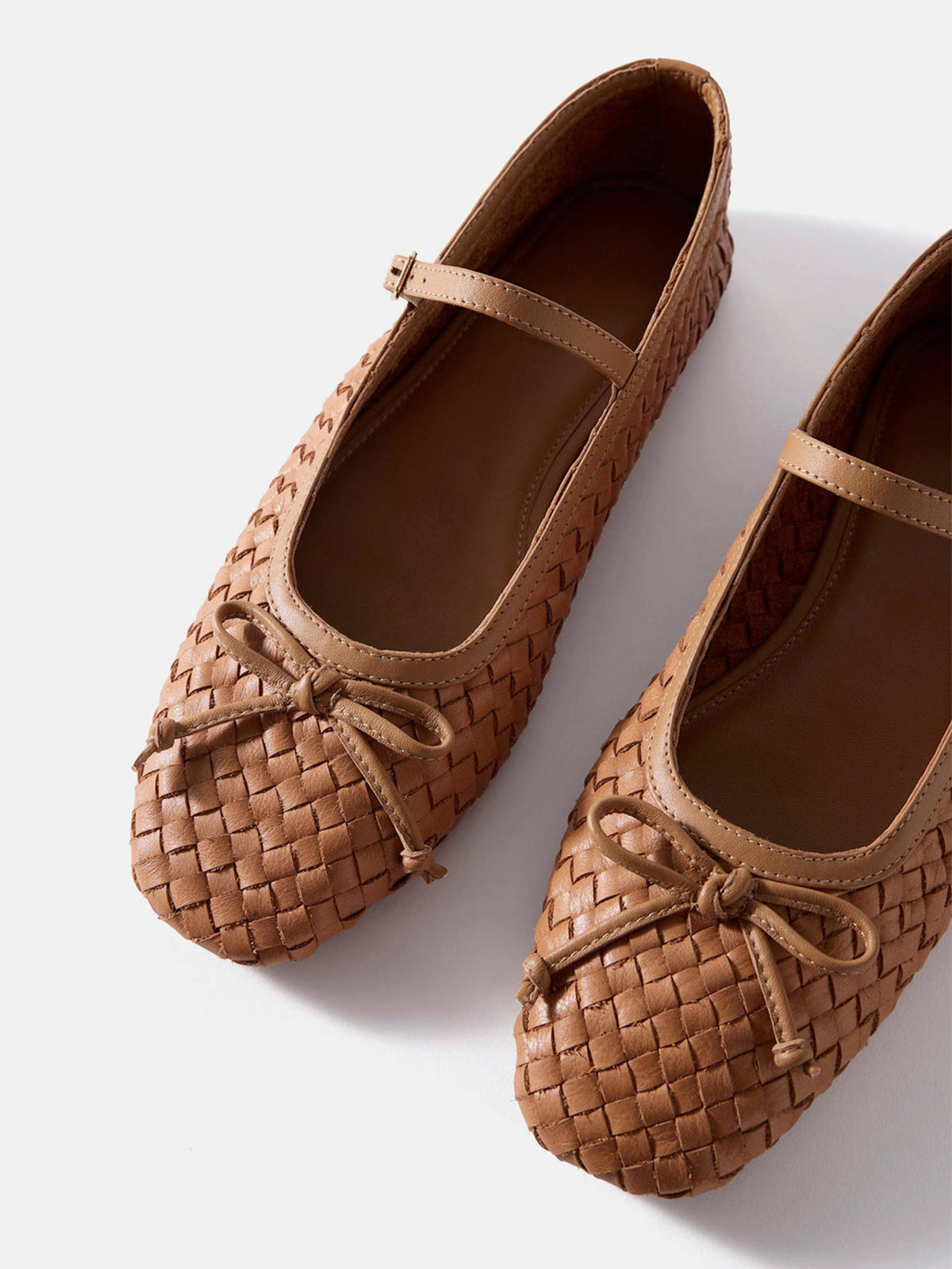 Brown Woven Vegan Leather Square-Toe Front Bow And Mary Jane Flats