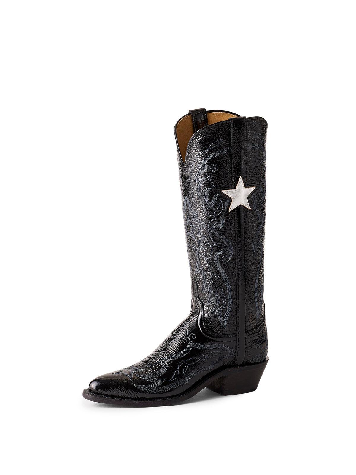 Patent Black Stitch Pointed-Toe Mid Calf Cowgirl Boots With Metallic Star Applique