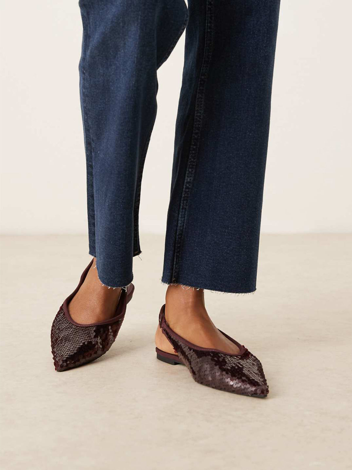 Burgundy Sequin Satin Pointed-Toe Elasticated Slingback Strap Flats