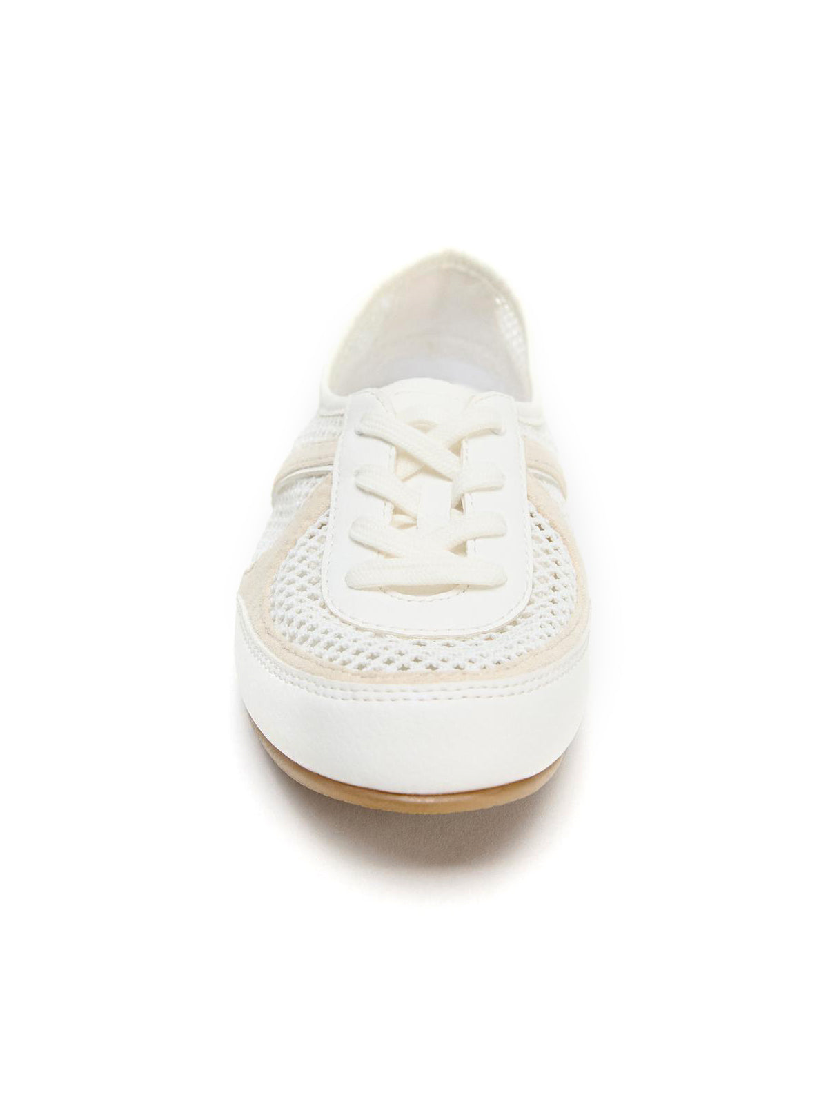 White Faux Suede And Mesh Round-Toe Lace-Up Flats Sneakers