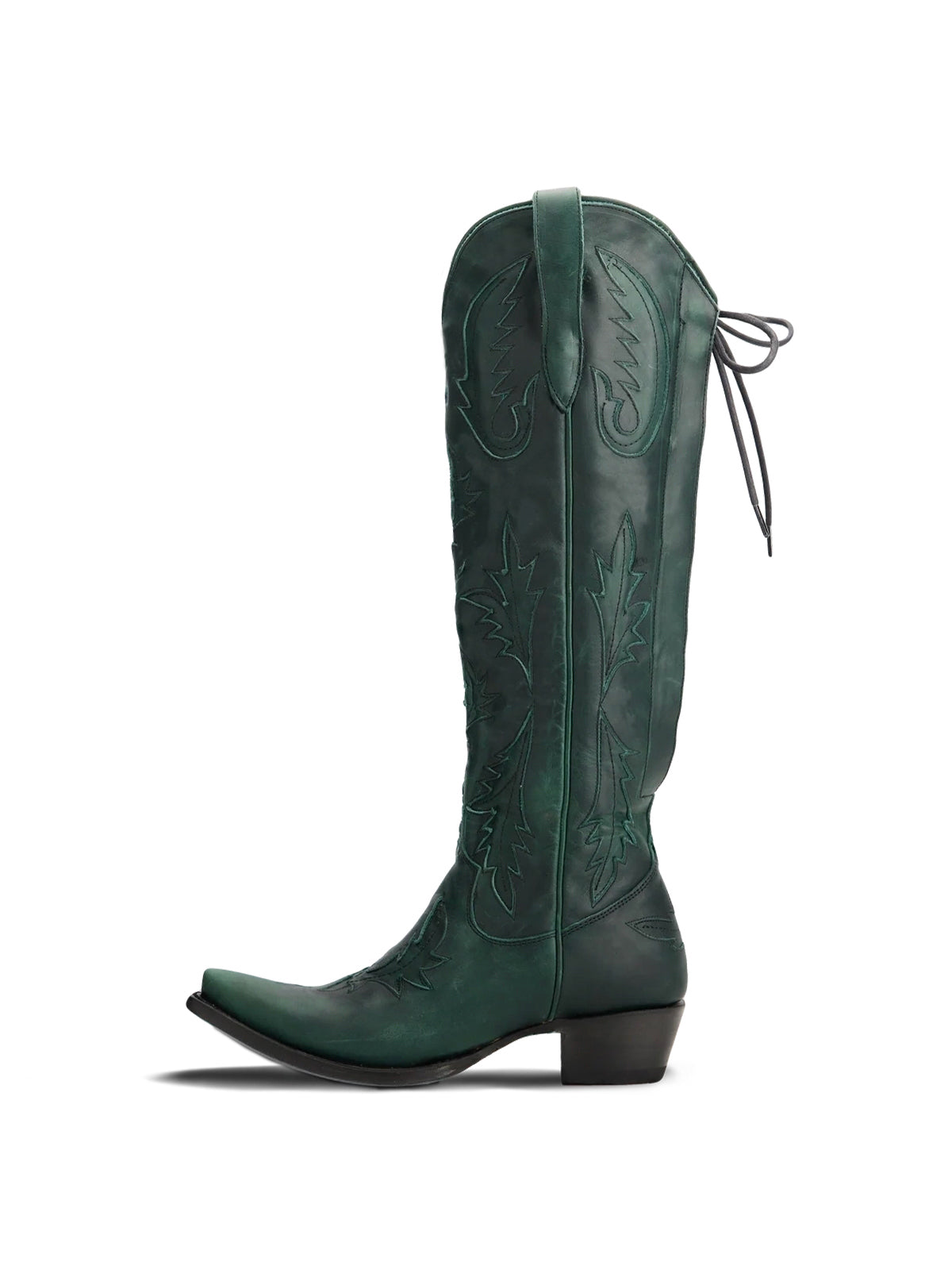 Half-Zip Snip-Toe Embroidery And Inlay Back Lace-Up Knee High Cowgirl Boots - Green