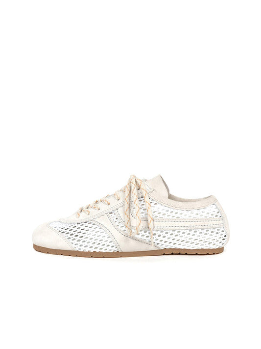 White Faux Suede And Mesh Square-Toe Lace-Up Sneakers Flats