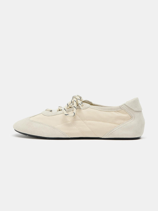 Cream Cow Suede And Satin Round-Toe Lace-Up Classic Sneakers