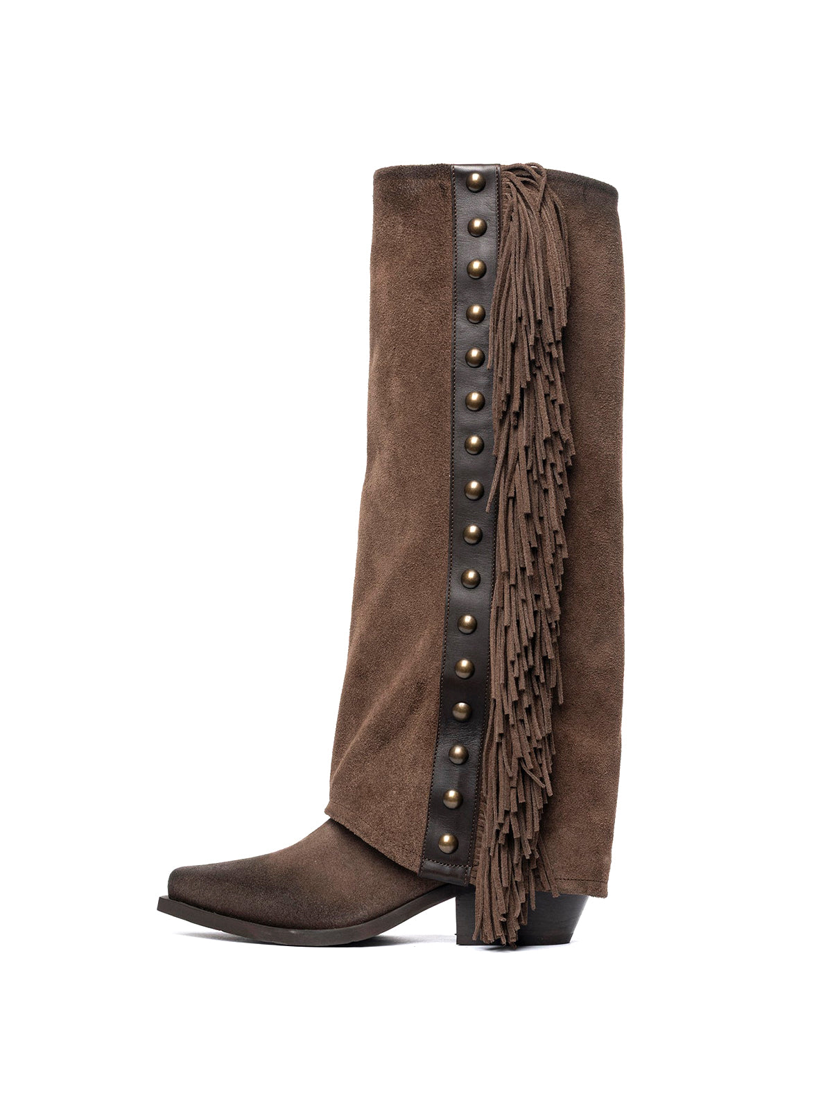 Tobacco Faux Suede Snip-Toe Side Studded Fringe Fold-Over Knee High Cowgirl Boots