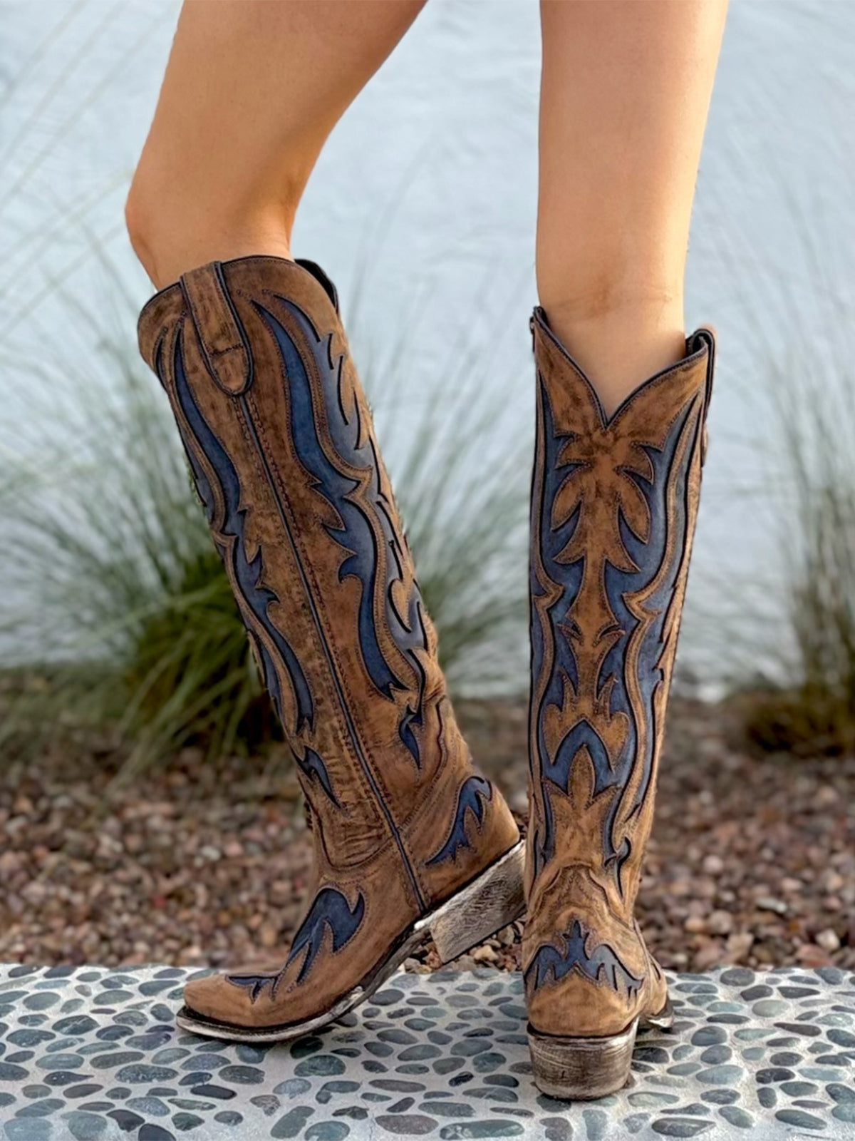 Distressed Cinnamon Snip-Toe Blue Inlays Full-Zip Knee High Cowgirl Boots