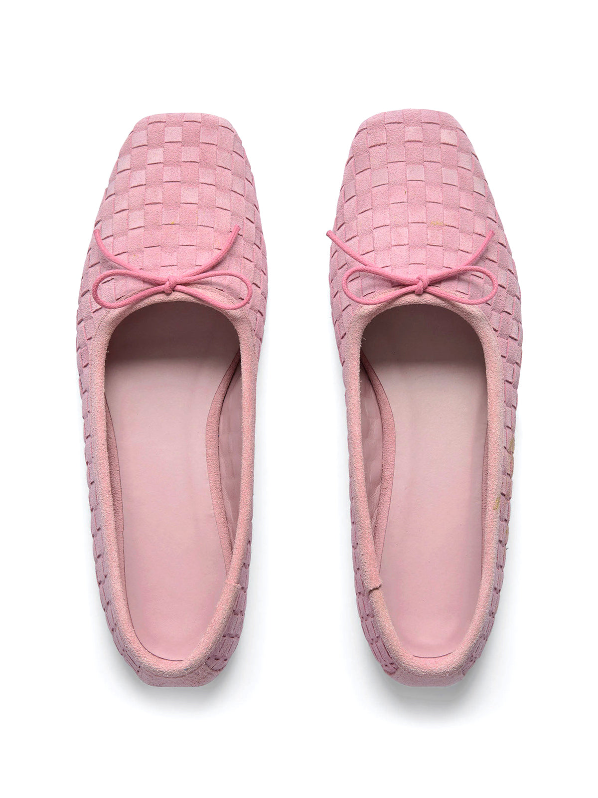 Pink Woven Faux Suede Square-Toe Front Bow Ballet Flats
