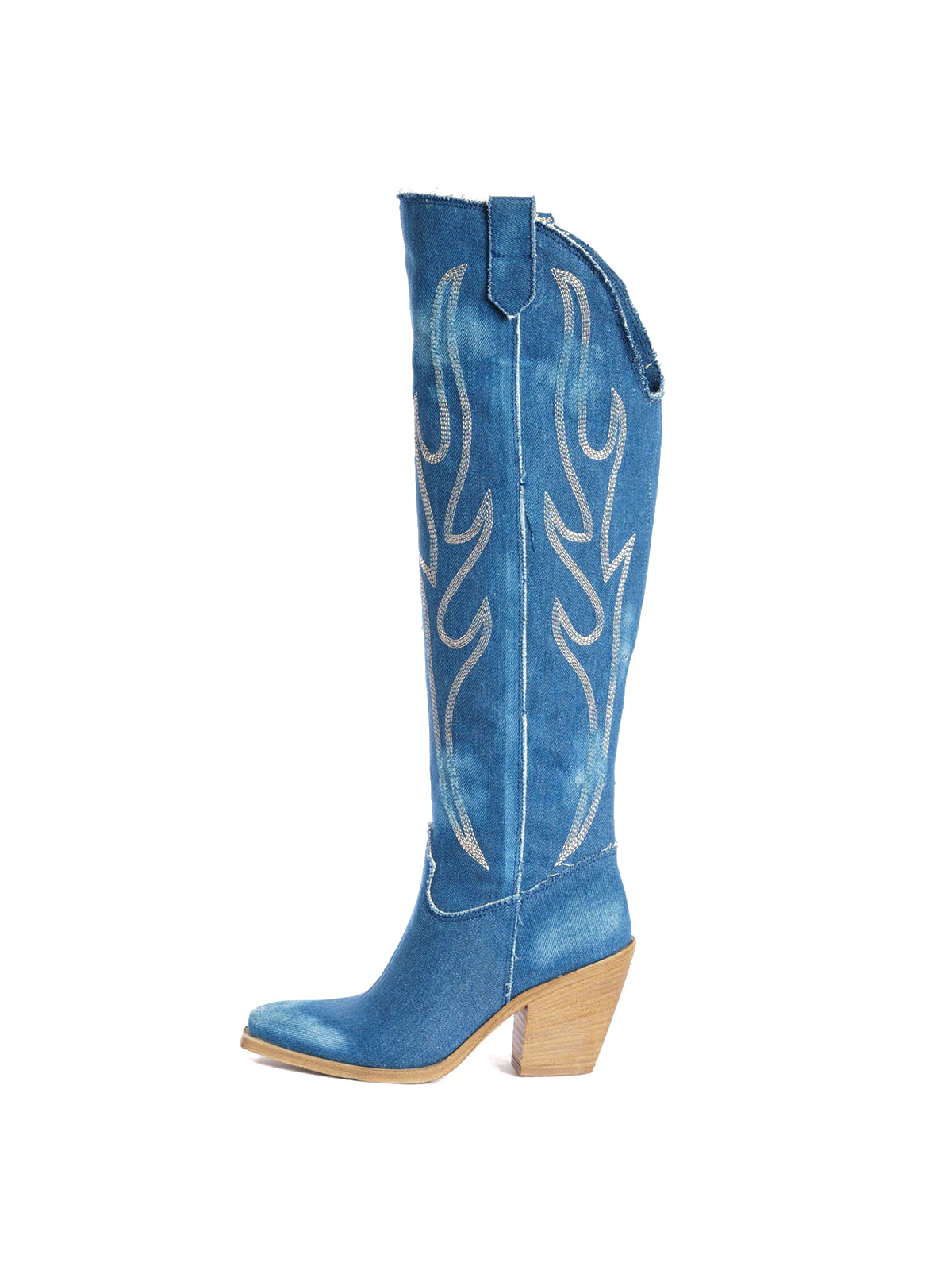 Blue Denim Snip-Toe Half-Zip Chic Embroidery Knee High Cowgirl Boots