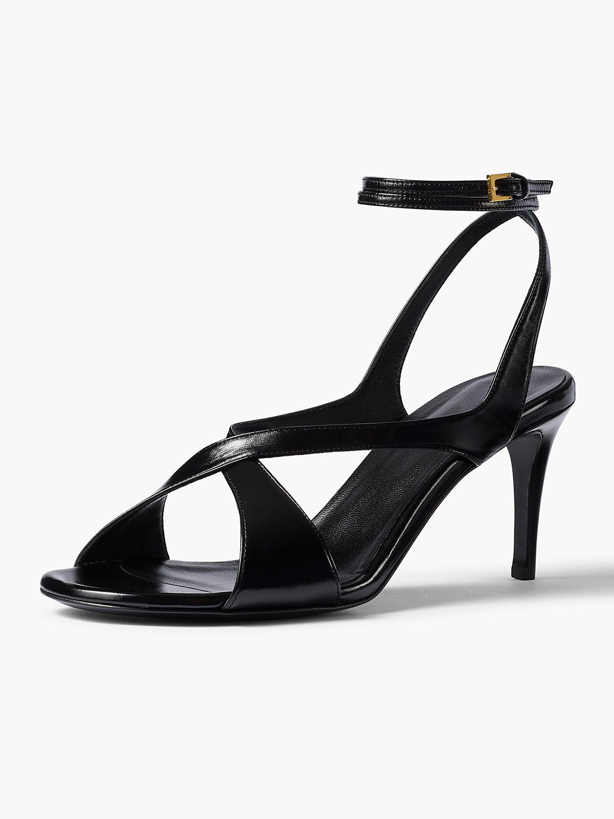 Black Round-Toe Crossed Straps Back And Ankle Strap Sandals Kitten Heels