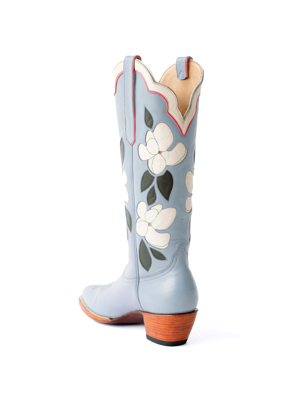 Blue Almond-Toe White Flower Inlay Wide Calf Knee High Cowgirl Boots