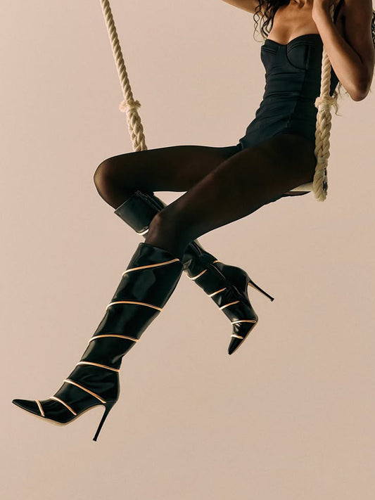 Patent Black Pointed-Toe Full-Zip Knee High Stiletto Boots With Metallic Gold Piping Spiral