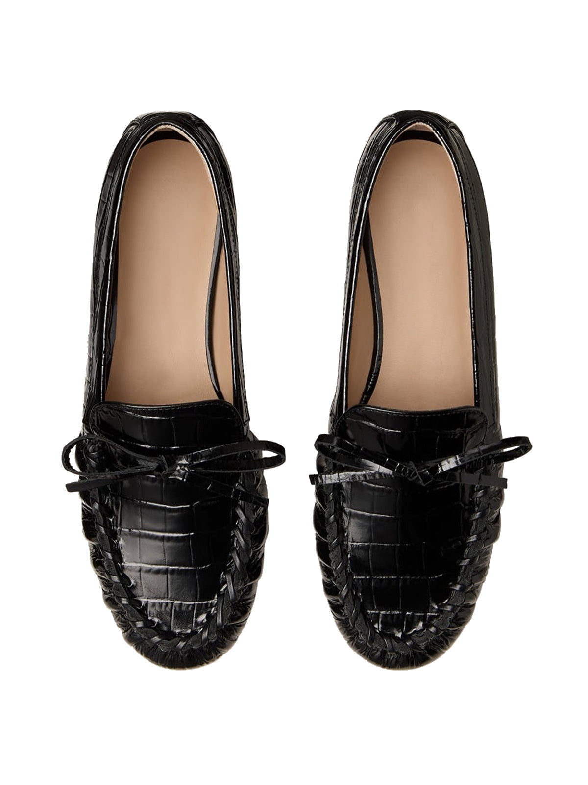 Black Crocodile Print Round-Toe Front Bow Slip-On Chic Flats