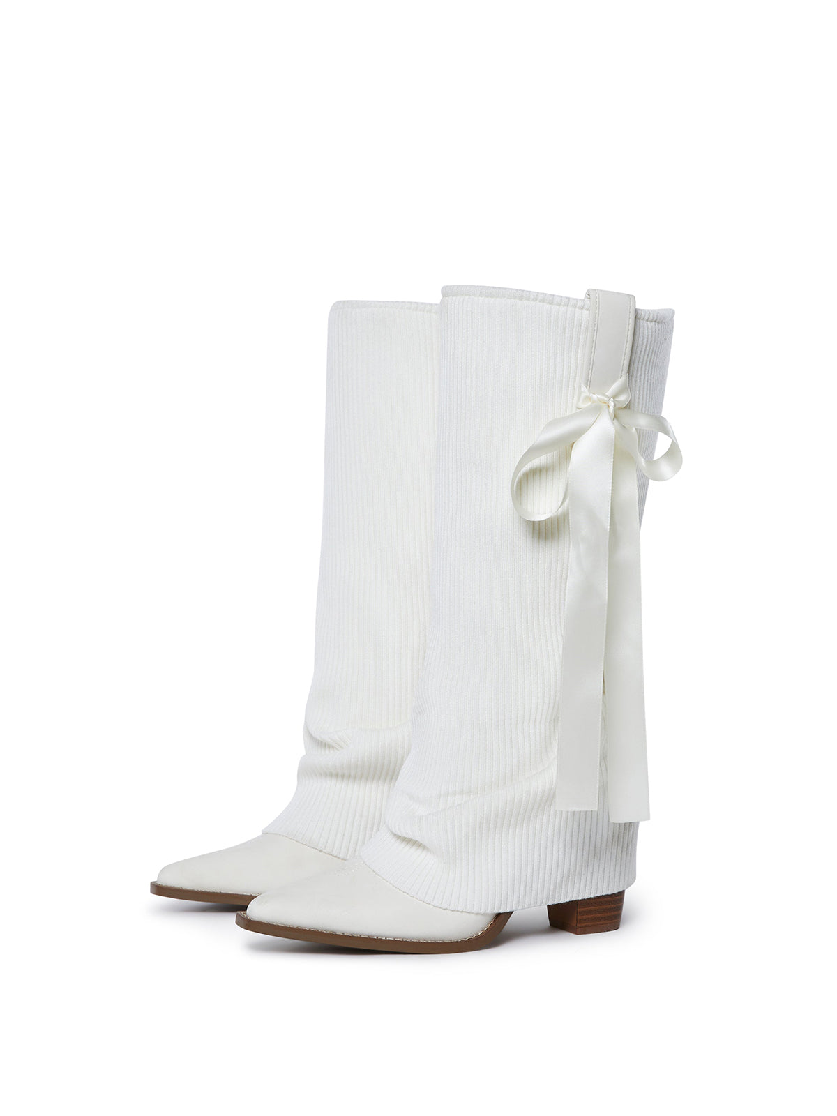 White Pointed-Toe Knitting Wool Fold-Over Wide Calf Knee High Cowgirl Boots