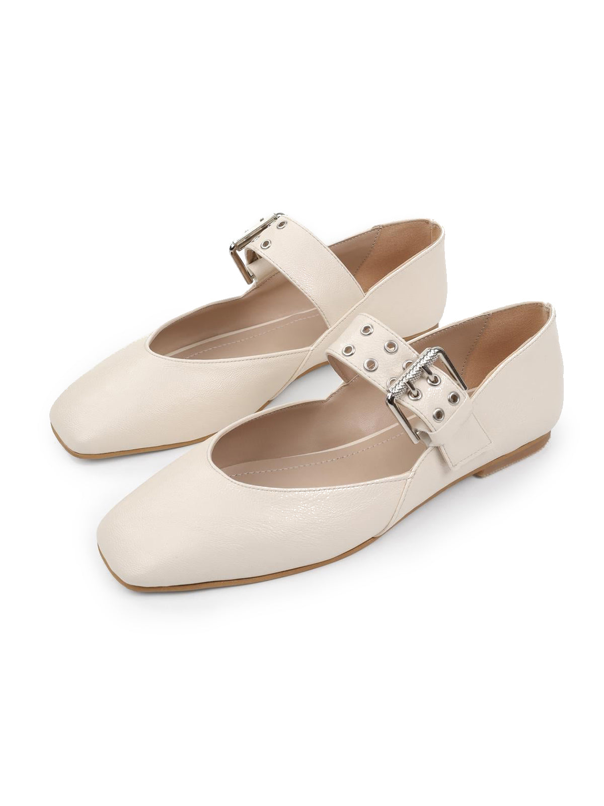 Bone Square-Toe Buckle Bridge Strap With Eyelets Ballet Flats