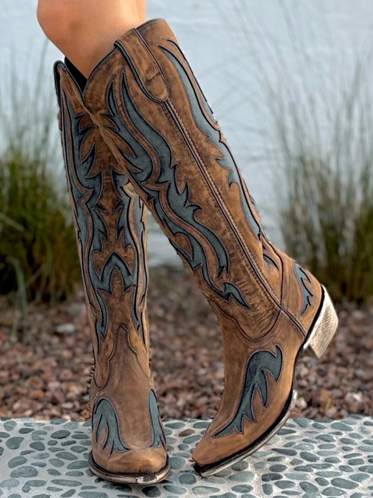 Distressed Cinnamon Snip-Toe Turquoise Inlays Full-Zip Knee High Cowgirl Boots