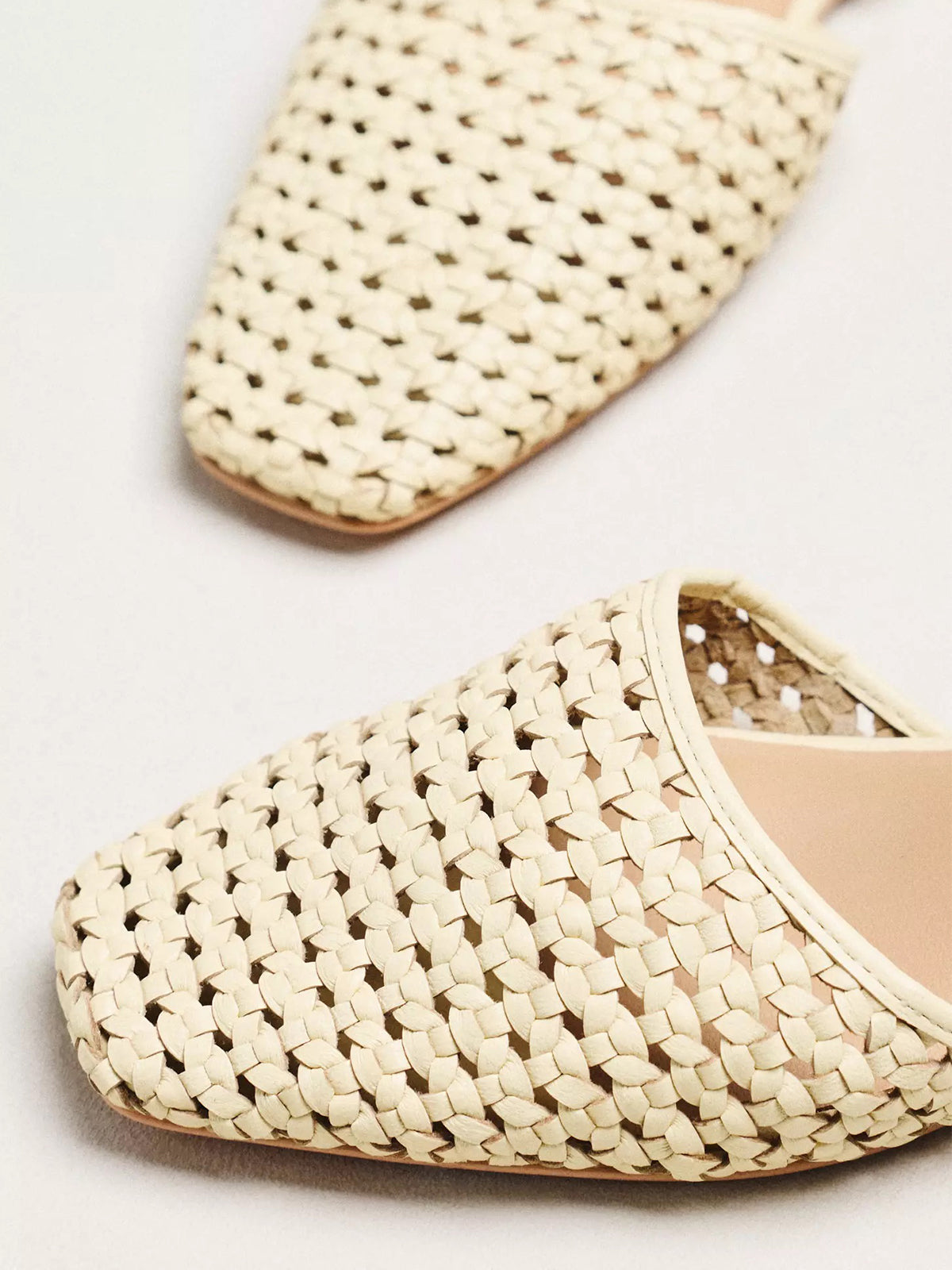 Light Yellow Vegan Leather Woven Square-Toe Ankle Strap Flats