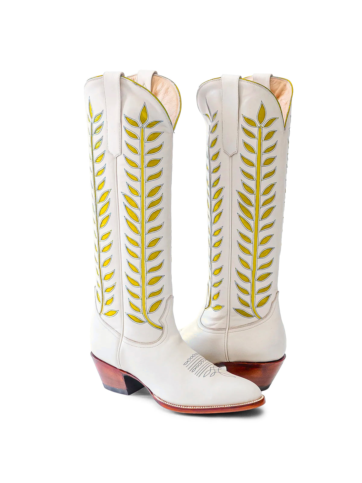 Almond-Toe Yellow Leaves Inlay Wide Calf Tall Knee High Cowgirl Boots - White